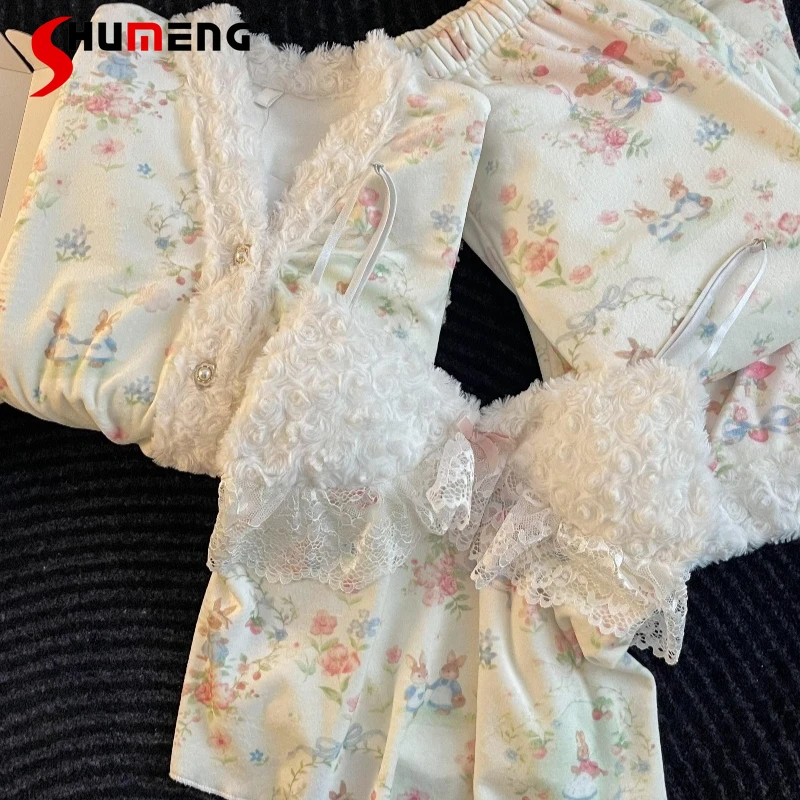 

Pure Desire Fluffy Camisole Pajamas for Women Autumn Winter Printed Velvet Sleep Suits Female Long Sleeve Homewear Set