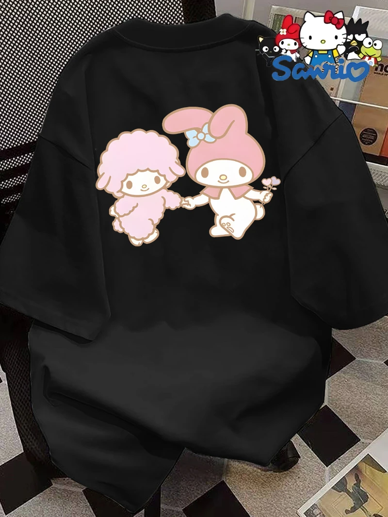 

Футболка с принтом Sanrio Melody, женский свободный повседневный топ с короткими рукавами и круглым вырезом, подходит для весны и лета