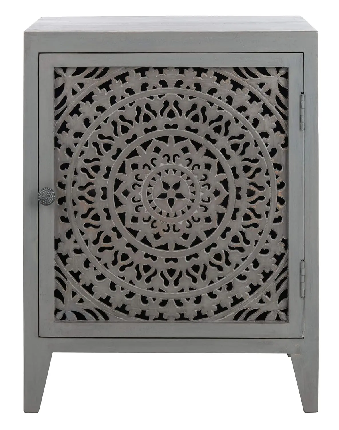 Carved 1-Door Nightstand Grey Walnut Mango Wood Bedroom Storage Bedside Table 20