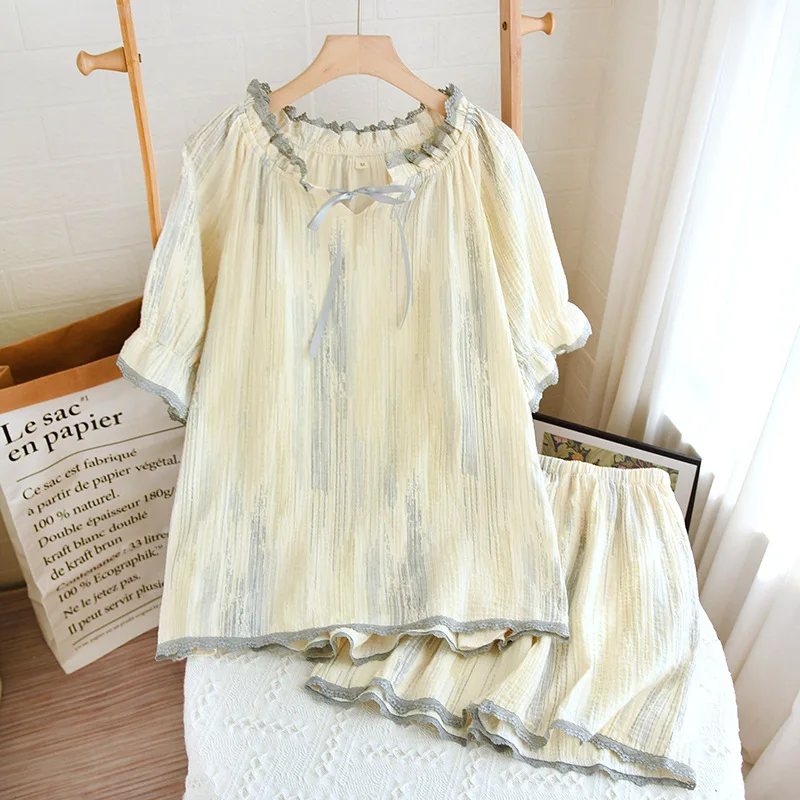 2023 Summer New Women's Pajama Set Cotton Crepe Short Sleeve Shorts Two Piece Set Ladies Lace Neck Bow Lovely Home Furnishing