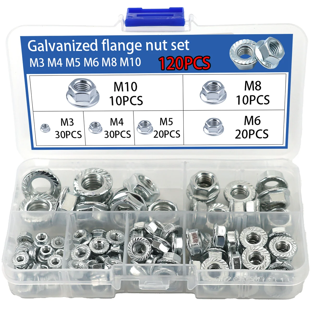 120pcs Hexagon Flange Nuts Galvanized Flange Nuts, Hexagon Anti-slip Nuts, Toothed Flange Anti-loosening Nuts