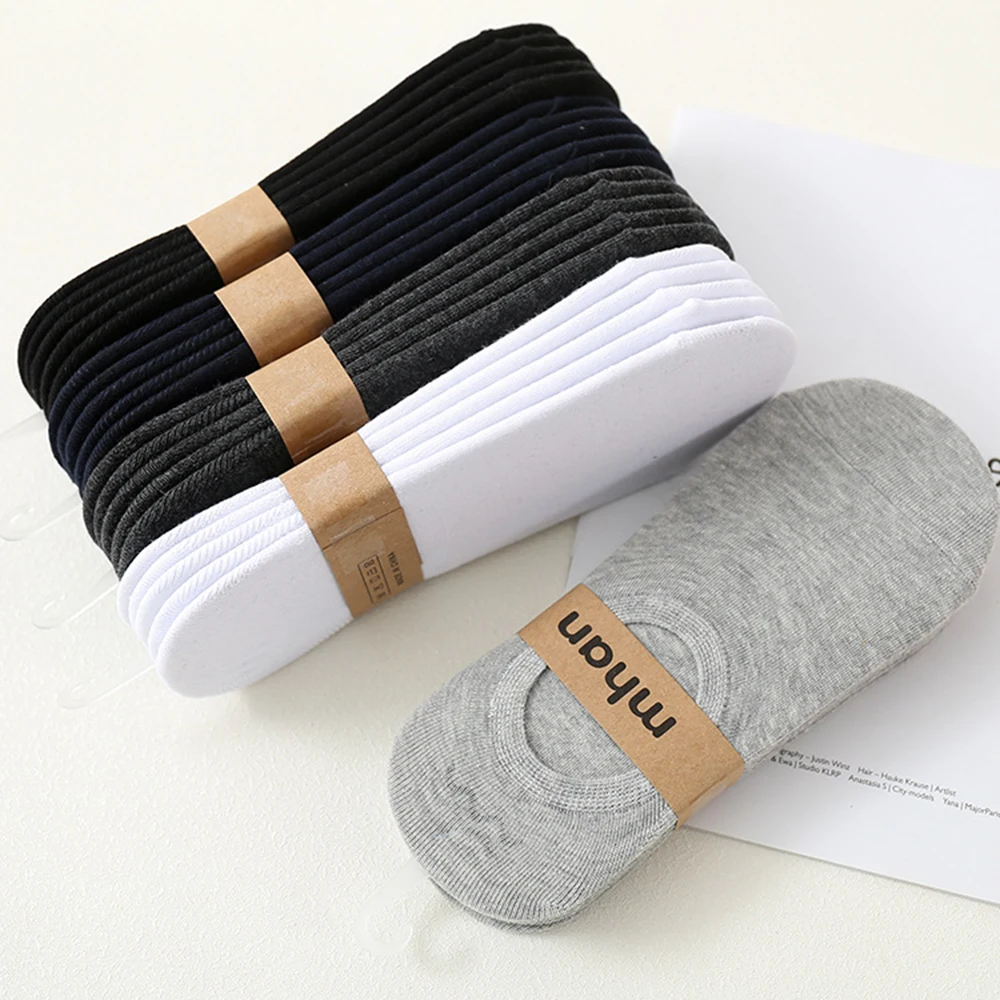 5 Pairs Men Short Socks Invisible Low Cut Ankle Cotton Thin Solid Color Anti Slip Silicone Summer Breathable Casual Socks