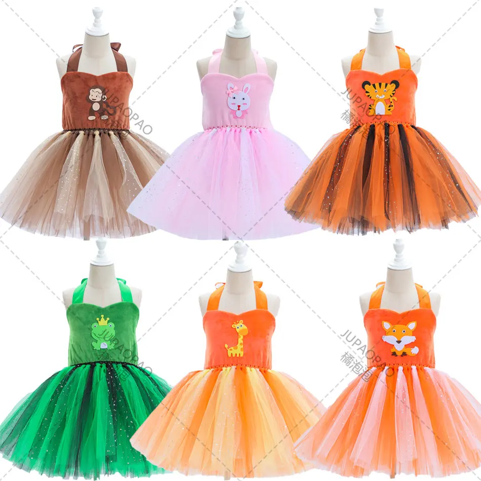 Girls Jungle Animal Tutu Dress For Halloween Costume Zoo Cosplay Kids Rabbit Frog Fox Monkey Birthday Party Performance Dresses