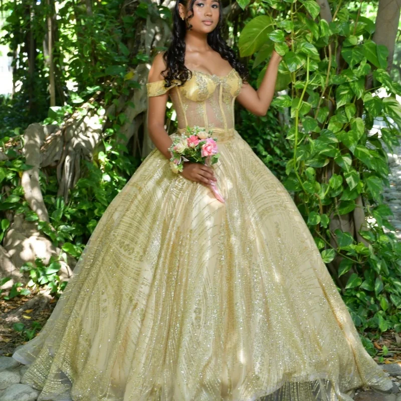 

Simple Shiny Golden Quinceanera Dresses Off the Shoulder Glitter Decal Long tail Vestidoe 15 Quinceanera Customize