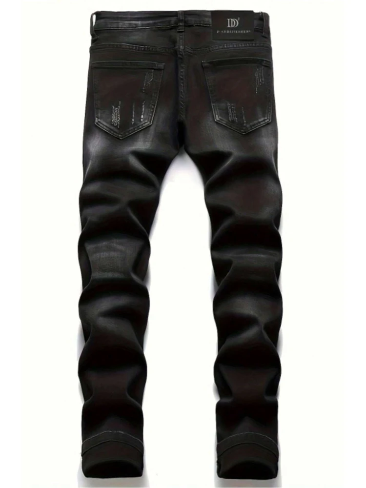 Men's Black Distressed Jeans Skull Patch & Embroidery Letter Print Slim Fit Stretch Denim Pants Street Fashion Biker Trousers