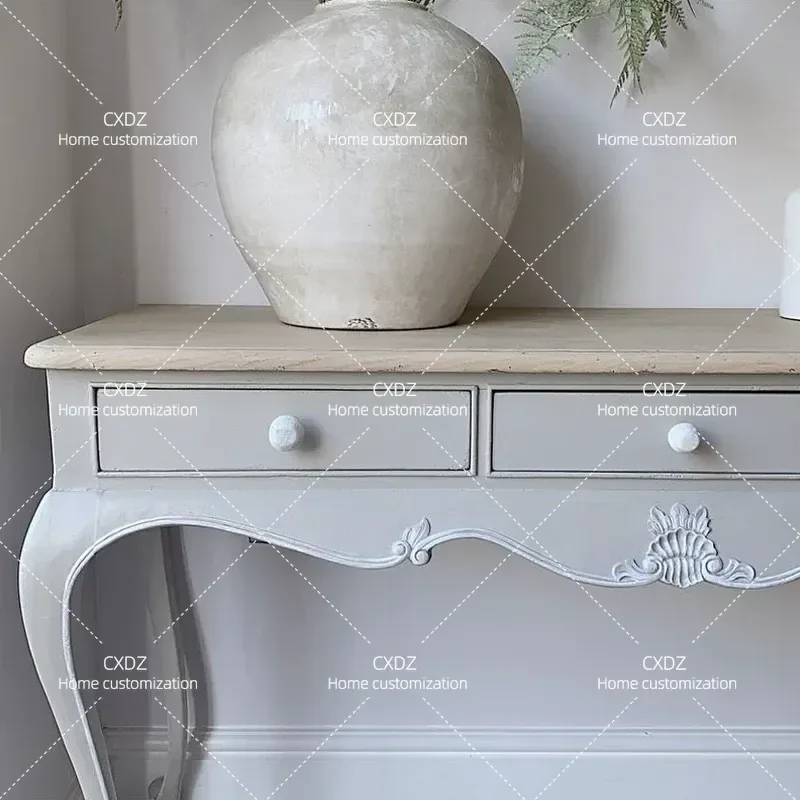 Rustic White Carved Oak Console Table Retro Luxury Entrance Hallway Furniture for Living Room Villa Decor Direct Sales