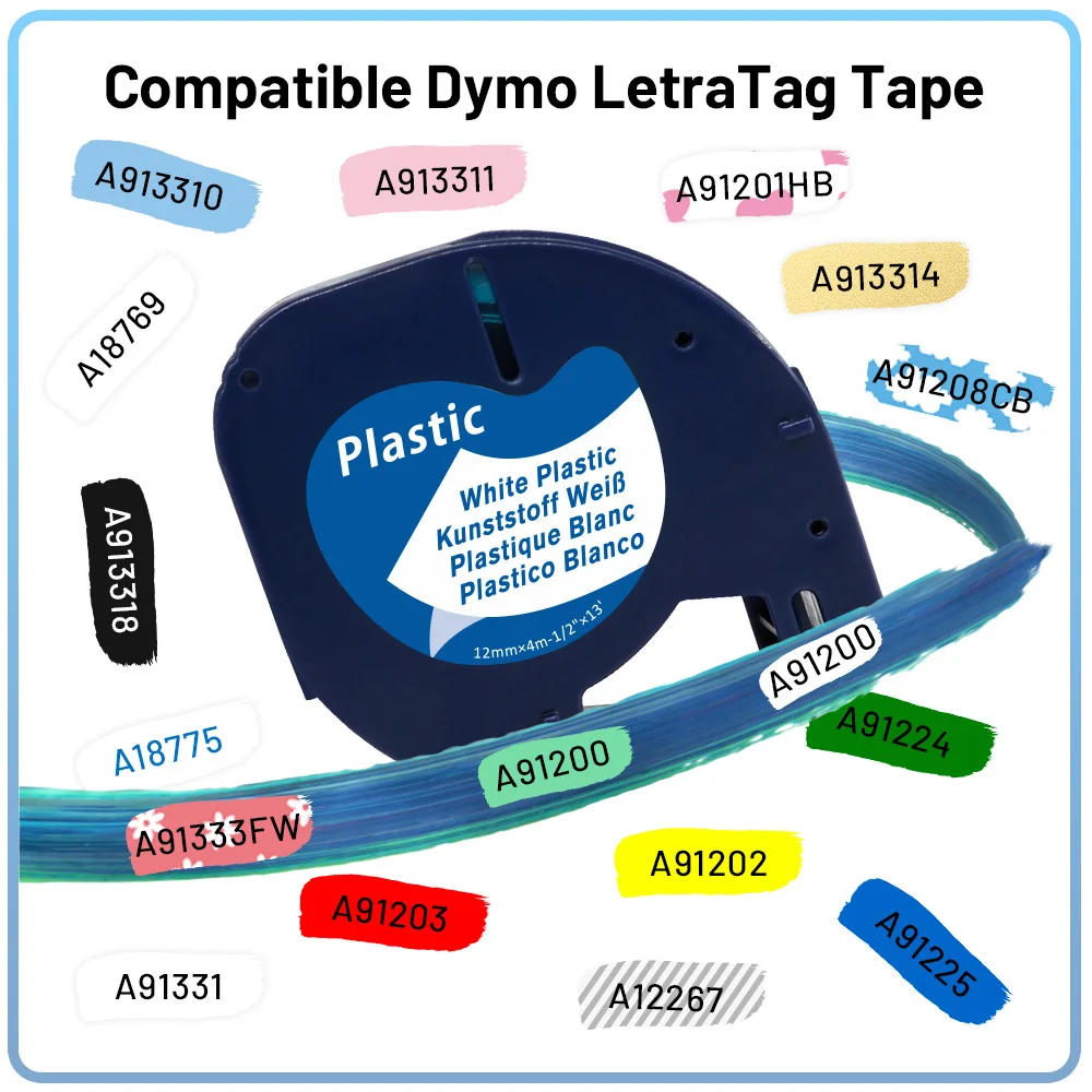 91201 91200 Compatible for Dymo Letratag Cartridge 12mm Plastic Label Tape White for Dymo LetraTag LT-100H 100T Labelmaker