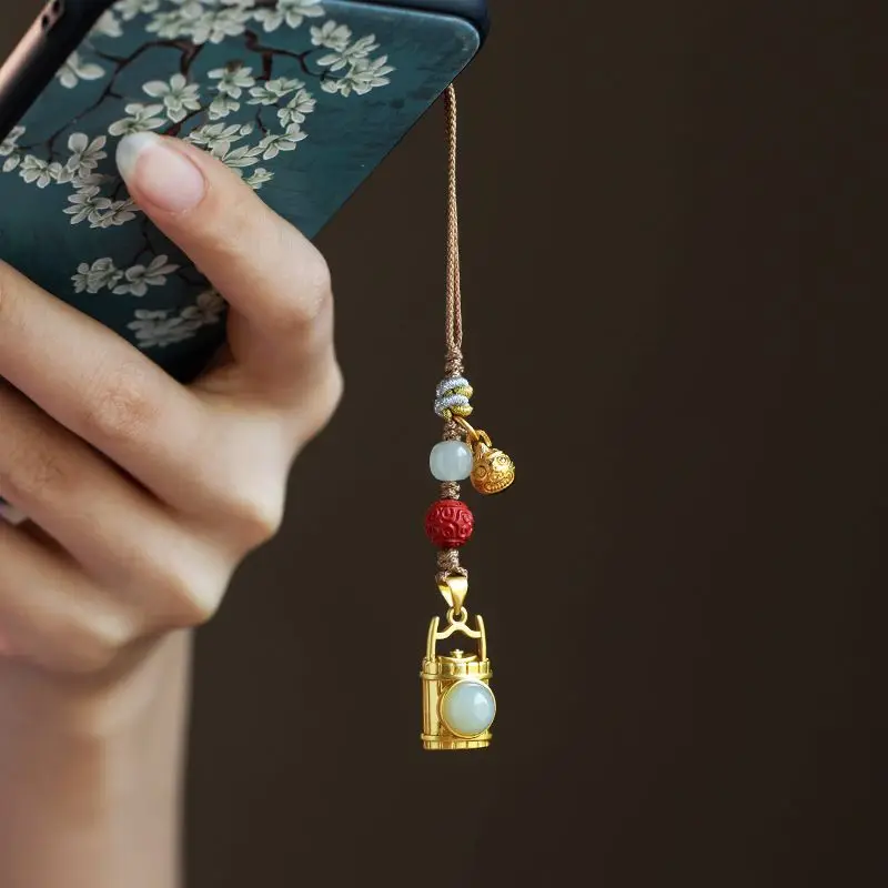 Natural Hotan Jade Barrel Of Gold Chain Hanging Rope High Grade Jewelry Male And Female Mobile Phone Pendant