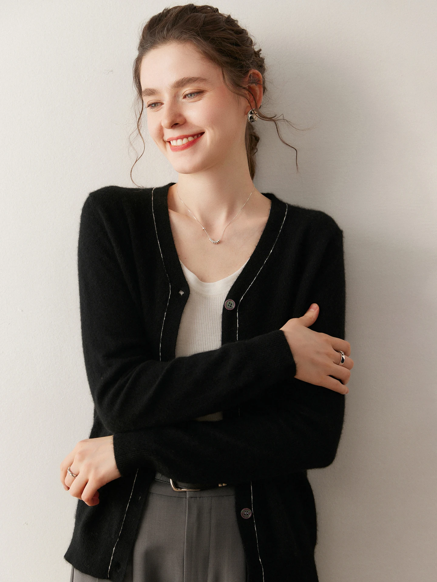 

Черный кардиган с v-образным вырезом, свитер из 100% кашемира, осенне-зимняя теплая куртка, модная офисная одежда, базовая женская одежда M-XXL