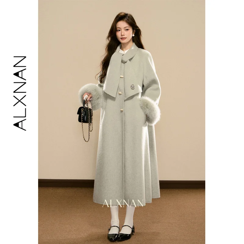 

ALXNAN Women Winter Woolen Coats Sheepskin Long Green Overcoat Warm Thick Outerwear Turn-Down Collar Double-Sided Coat L58302