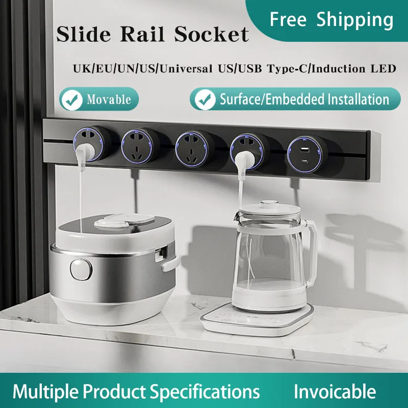 

Slide Rail Power Track Socket Surface/Embedded Installation Socket UN/US/UK/EU/Universal US/USB Type-C Wall-Mounted Rail Socket