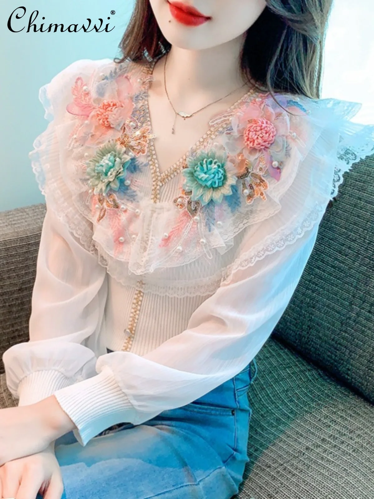 

French Heavy Industry Ruffled V-neck Long-Sleeved Knitted Tops Women 2024 Spring Beaded Lace Stitching 3d Flower Casual Shirts