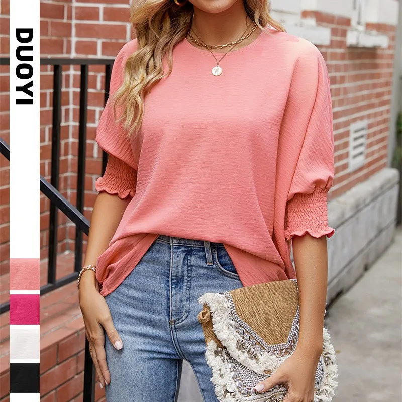 

Summer Women Blouse Ruched Cap Sleeve Loose Fit Blouses Chiffon Blouse Boho Casual Round Neck Top