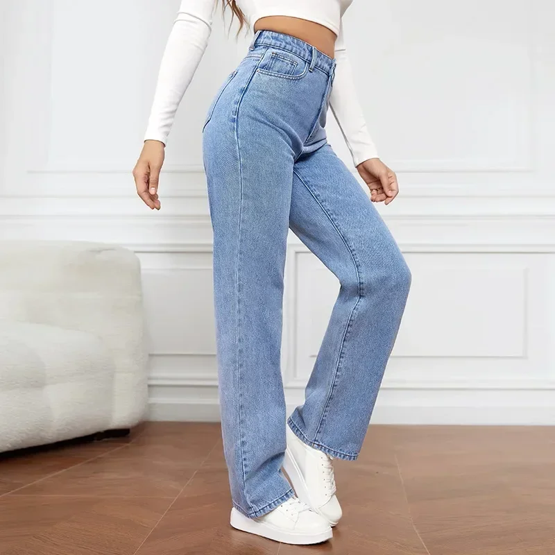 Denim Jeans Vrouwen Rechte Broek Wassen Hoge Taille Losse Zakken Basics Enkellengte Y 2K Blauwe Broek Streetwear Lichte Strech