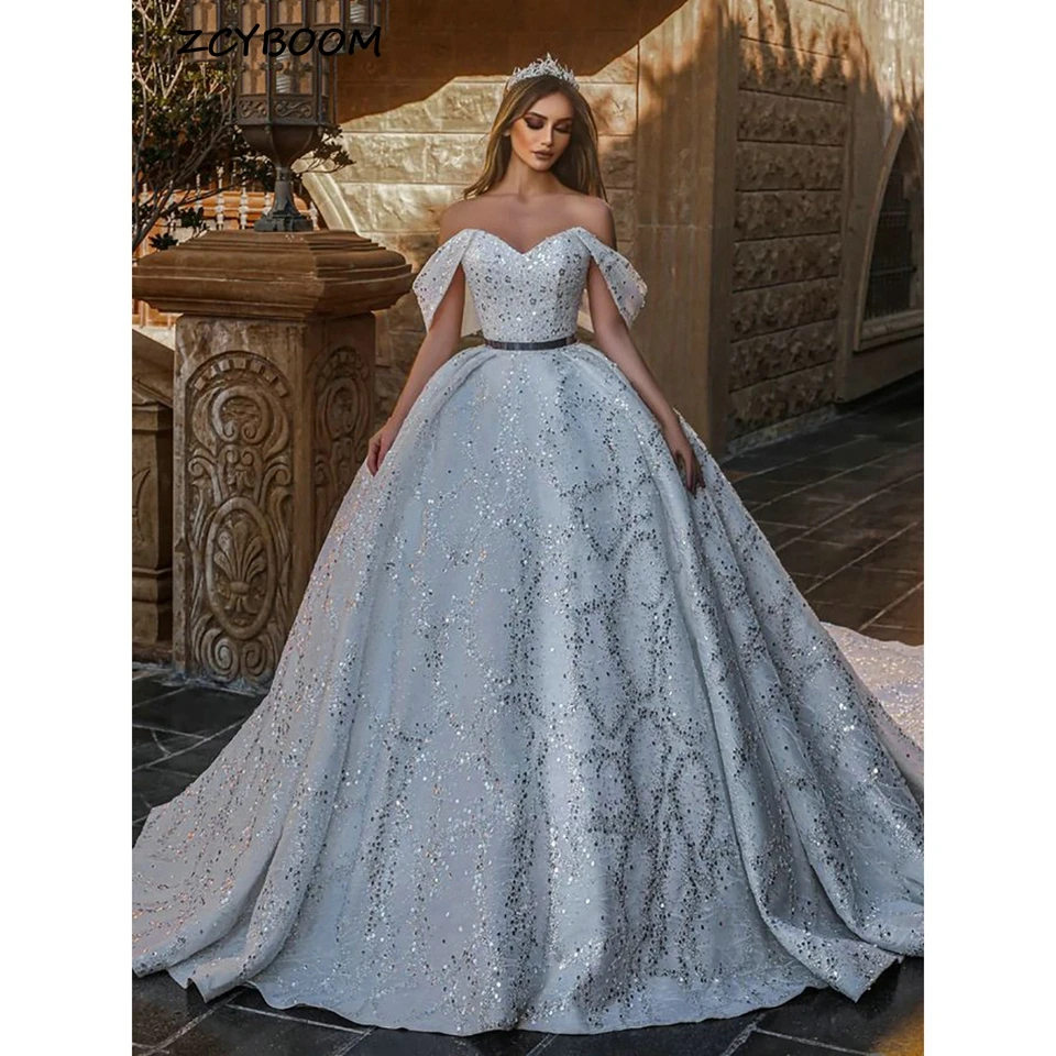 

Customized Charming White Sweetheart Sequin Off The Shoulder Wedding Dresses 2025 Floor Length Court Train Zipper Custom Made Br