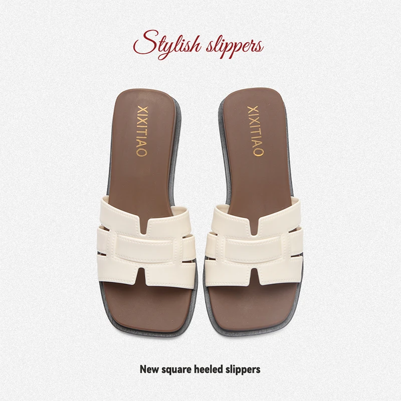 XIXITIAO 2026 Fashion Women's Color Blocking Slide Sandals Elegant Square Open Toe Slip On Wedge Sandals Summer Beach Slippers