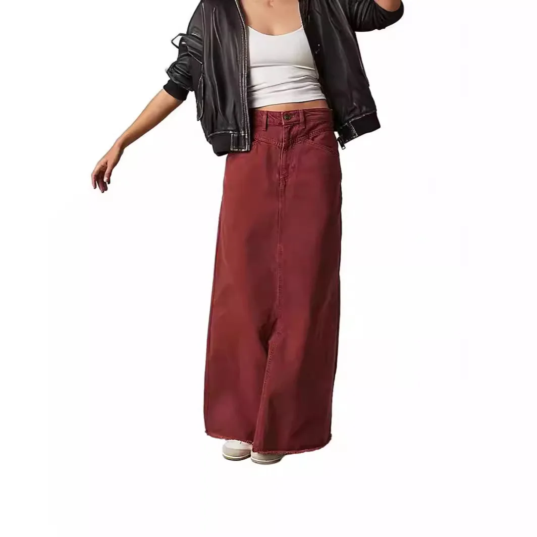 Women Y2K Vintage Denim Maxi Skirt High Waist A-Line Frayed Hem Loose Long Jean Skirt  Streetwear