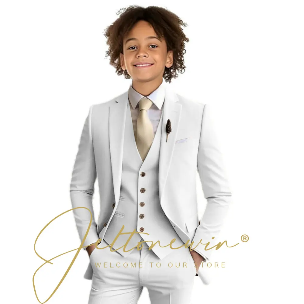 Beigefarbener Slim-Fit-Anzug für Jungen, 3-teiliges Set für Hochzeit, Abschlussball, Abendessen, Party, Kinderuniform, individueller Smoking, Blazer, Weste, Hose