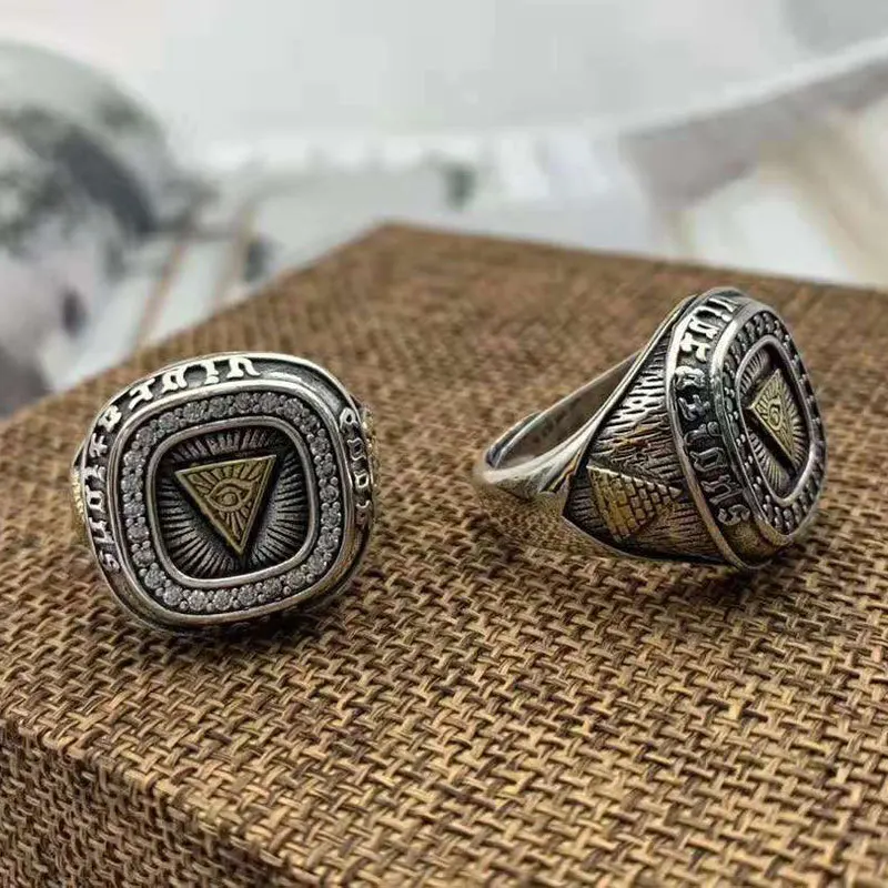 

European and American punk trend pyramid God's Eye pure silver with diamond ring index finger male domineering handsome jewelry