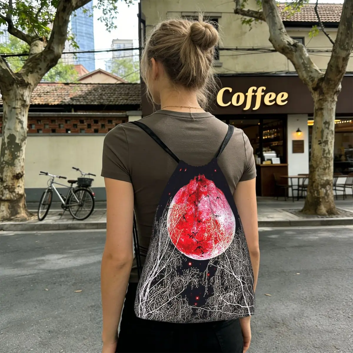 Gothic Blood Moon Pattern Backpacks Fashion Drawstring Bags Sports Bag Book Bags for Travel Students