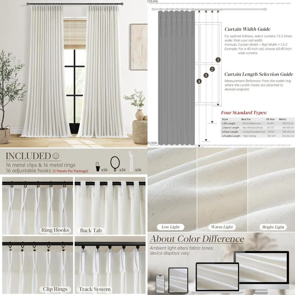 

96 Linen Pinch Pleat Curtains, 2-Pack for Living Spaces, Semi-Sheer Natural Linen Panels, Ivory Cream Bohemian Window Drapes