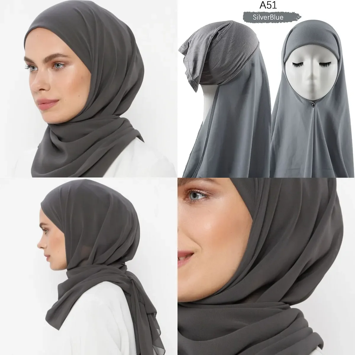 Hijab istantanei con cappuccio Plain Chiffon Jersey Hijab per donna velo musulmano islamico Hijab Cap sciarpa per foulard turbante da donna