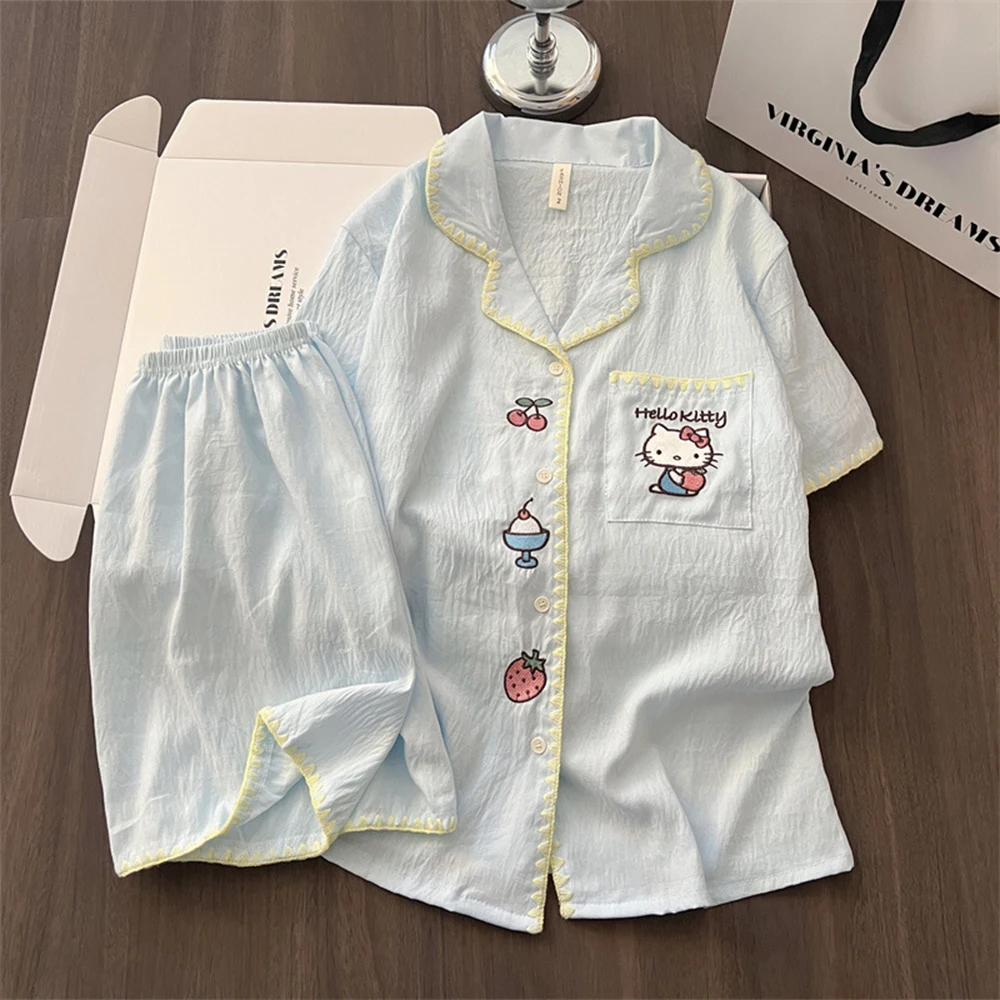 

Anime Hello Kitty Pajama Set Women's Light Blue Short Sleeve Pajama Cute Print Casual Comfortable Kawaii Girls Home Clothes Gift