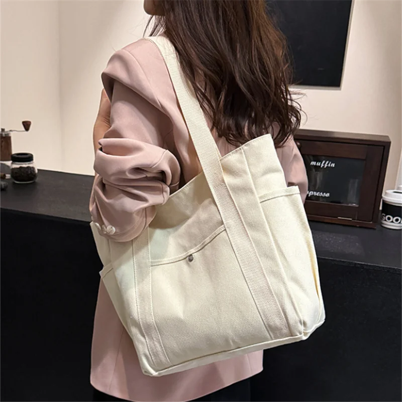 Canvas Tote Bag Multi Pocket Shoulder Bag Student School Book Bag Side Pockets Handbag for Women Office Shopping Travel Daily