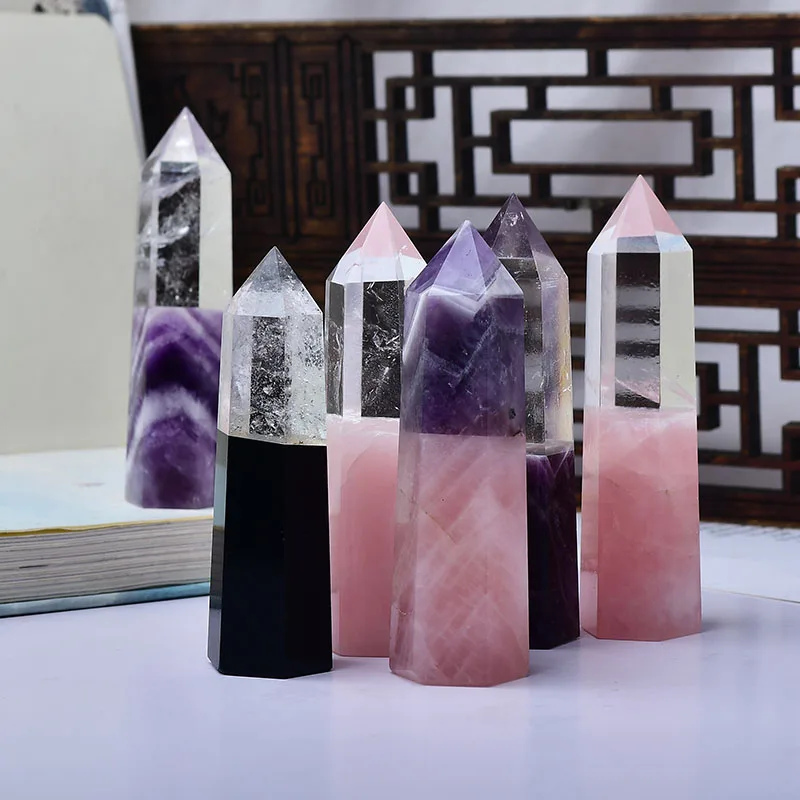 Rose Quartz White Quartz Flame Stone Amethyst Stitching Crystal Pillar Crystals Red Agate Home Decoration Garden Decorations