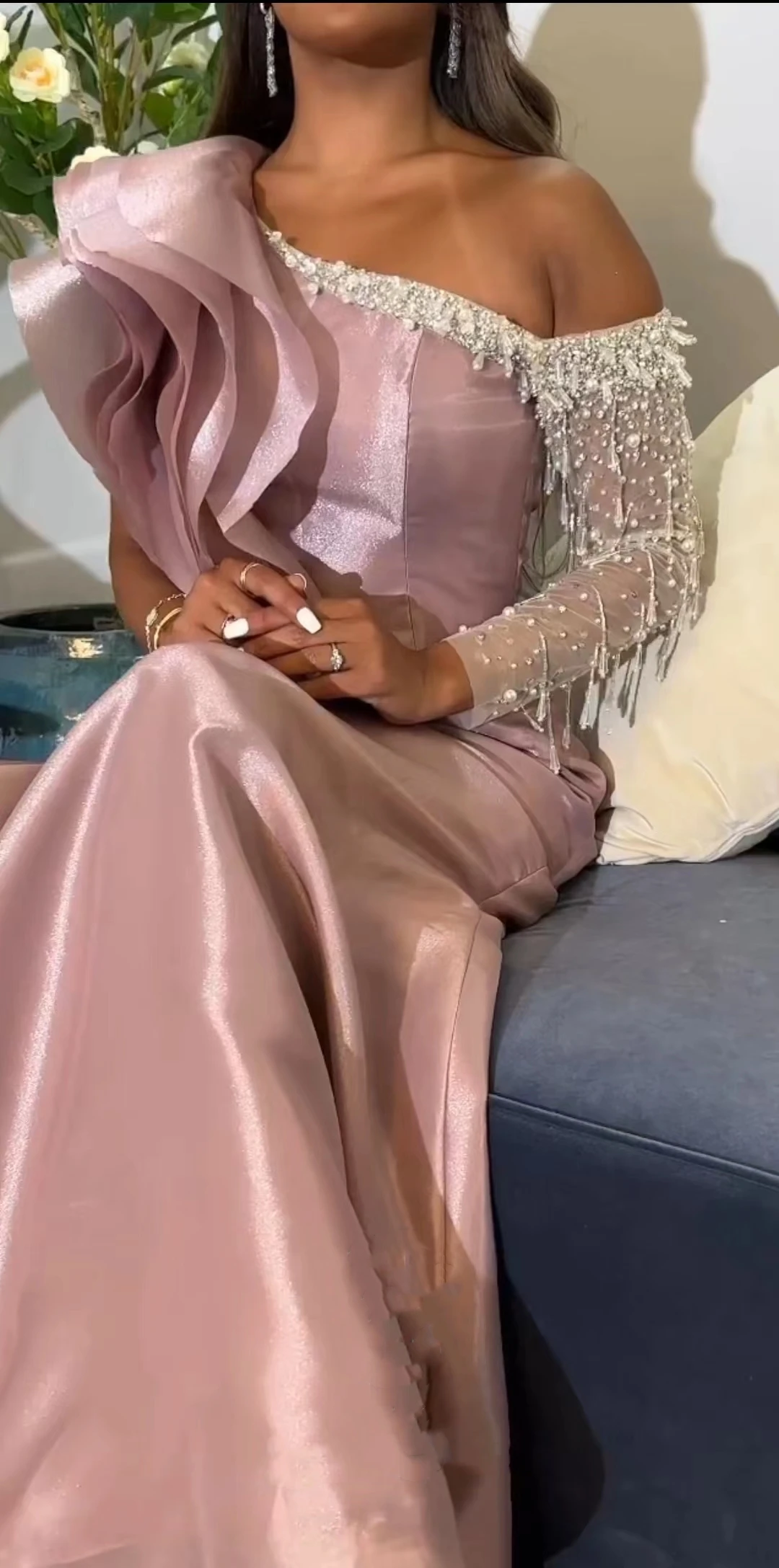 AsaNagi Shiny Pink Evening Dresses One Shoulder Beading Floor-Length Women Formal Occasion Prom Dress 2023 vestidos de noche