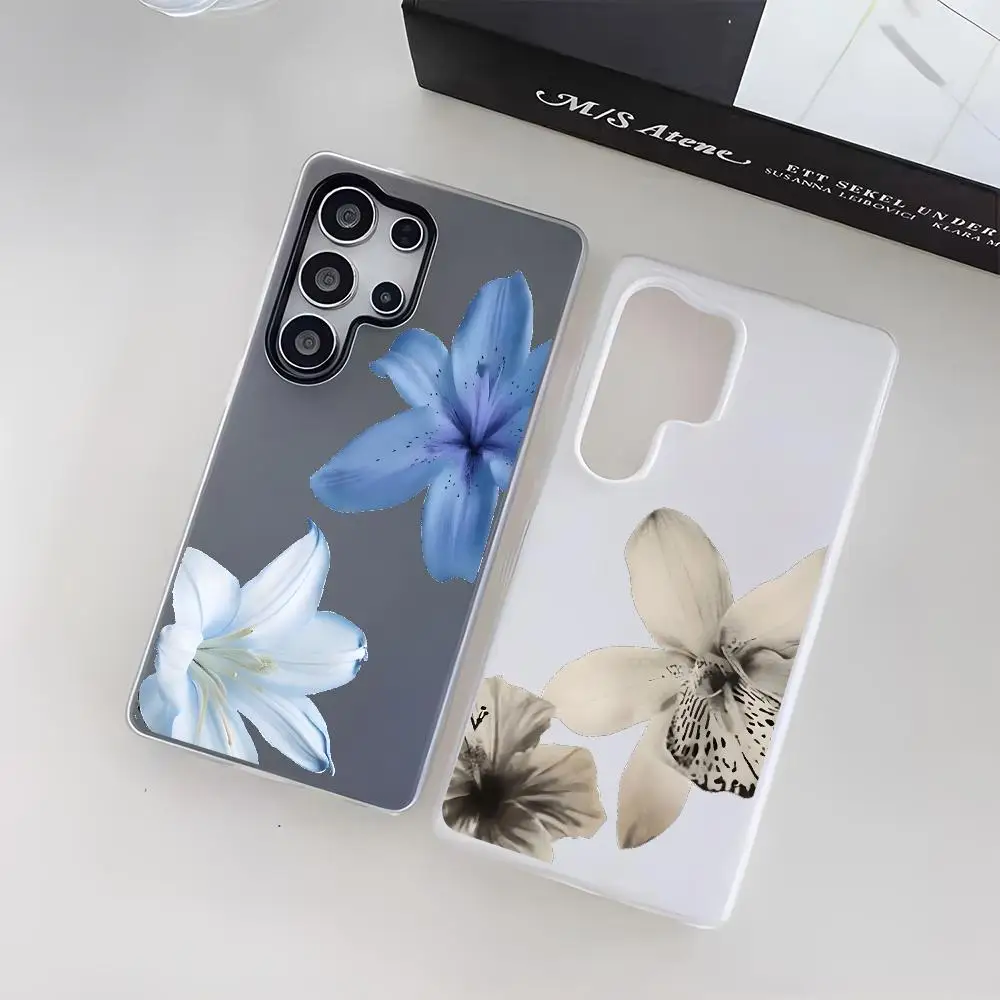 Blue White Lily Bloom Phone Case For Samsung Galaxy S25 S24 S23 Ultra Jelly Clear Case Soft TPU 2-in-1 Shockproof Cover