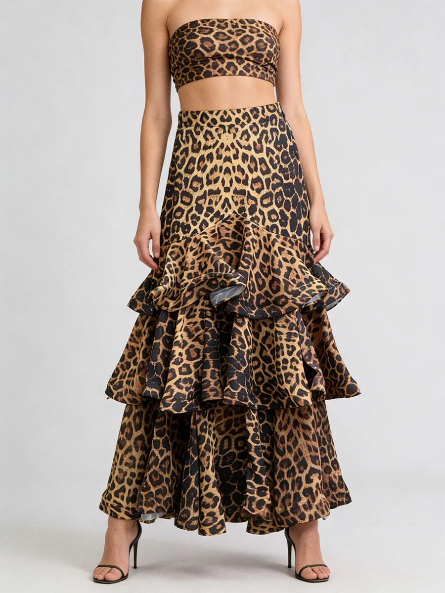 TWOTWINSTYLE ヒョウ柄スリムスプライスフリルファッションスカート女性のためのハイウエストデザインセンスロングスカート女性の秋の服