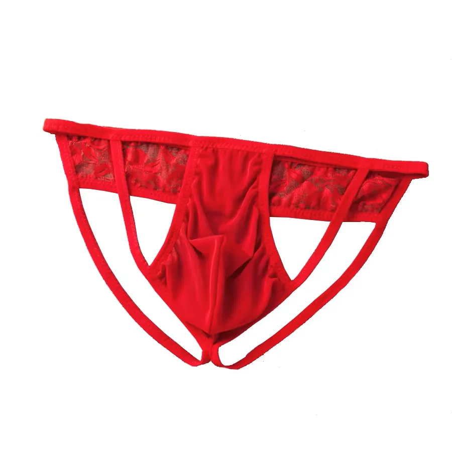Men's Lace Jockstraps Thong with U Pouch Sexy Transparent Hollow Bikini Briefs Men Underpants