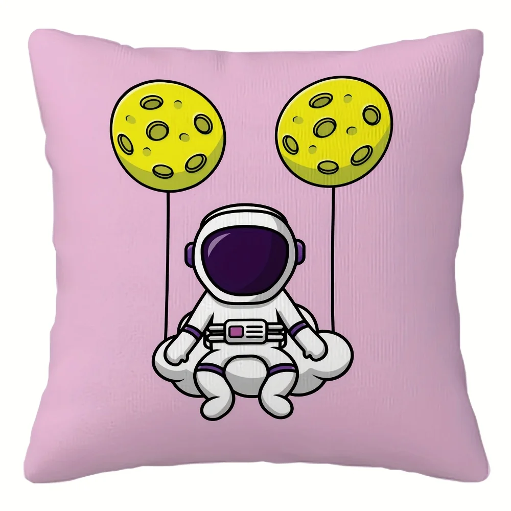 Pink Astronaut with Moon Balloons Pillow Cover Cute Space Theme Decorative Cushion Case 18x18 inch Sofa Bed Chair