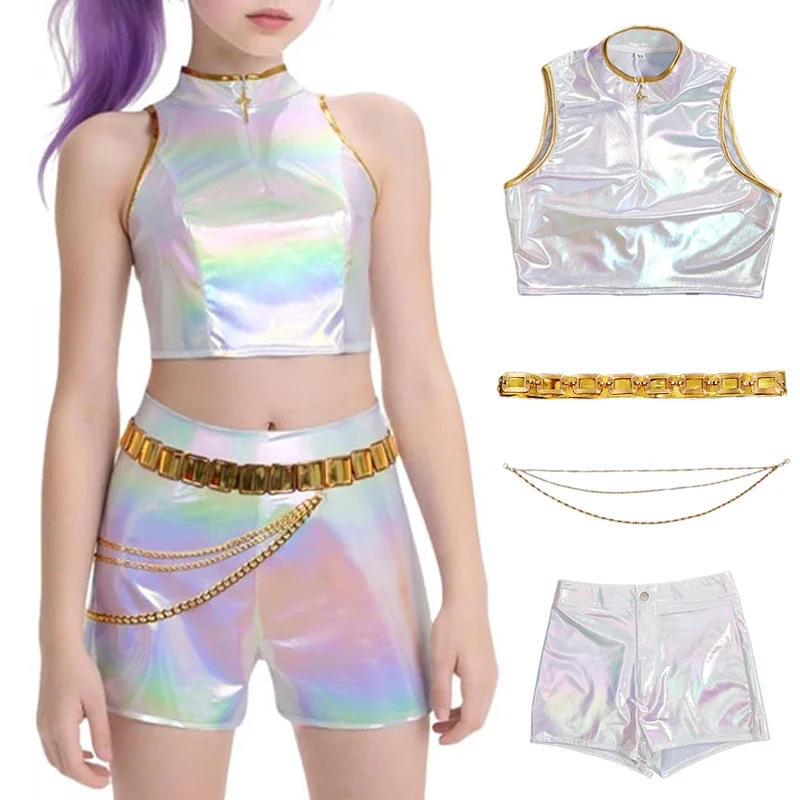 K-POP شيطان هنتر تأثيري فتاة زي البوب المغني هالوين زي سترة السراويل مرحلة الأداء زي الأبيض بريق مجموعة