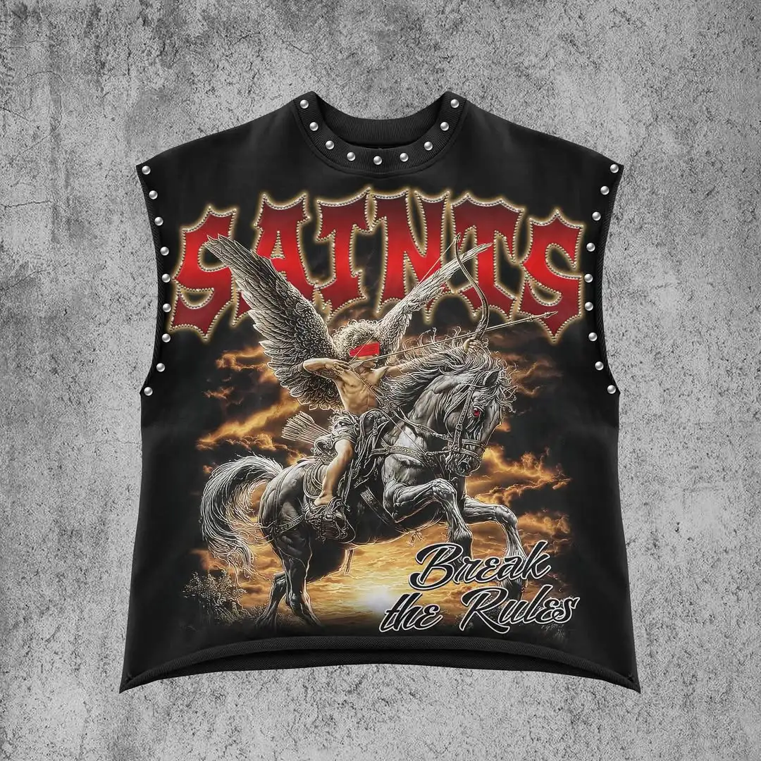Y2K Hip-Hop Streetwear, lockeres ärmelloses Herren-Sommer-Tanktop, modisches Retro-T-Shirt mit amerikanischem Graffiti-Print und lässigem Nieten-Design, hehe – Detail 3