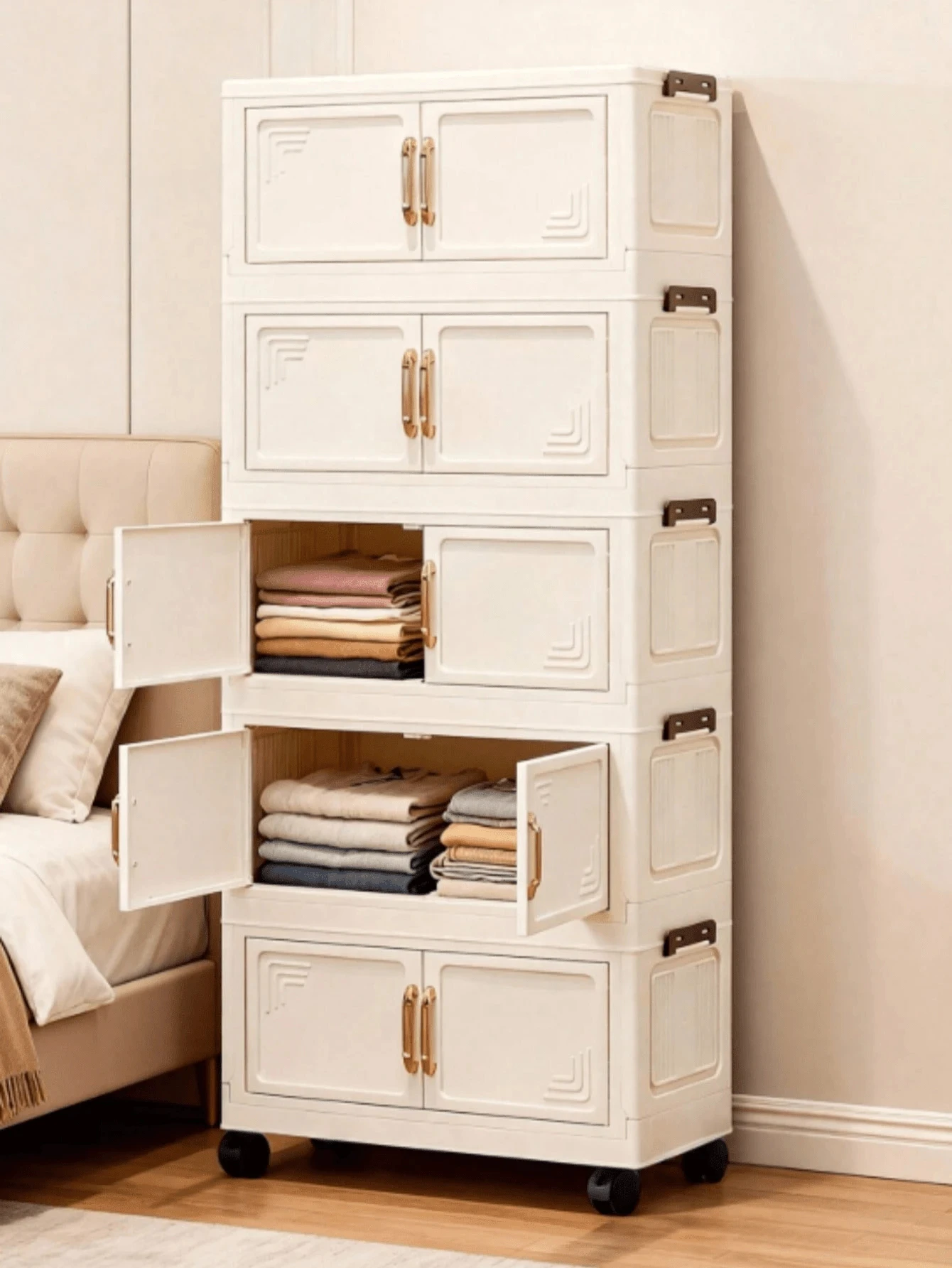 One 50cm/19.69-Inch Wide Foldable Storage Cabinet, Clothing Storage Box, Portable Wardrobe, Double-Door Folding Box, Available In 1/3/4/5 Layers, Thickened Double-Door Storage Cabinet With Wheels, No Installation Required For Home Storage, Plastic Folding