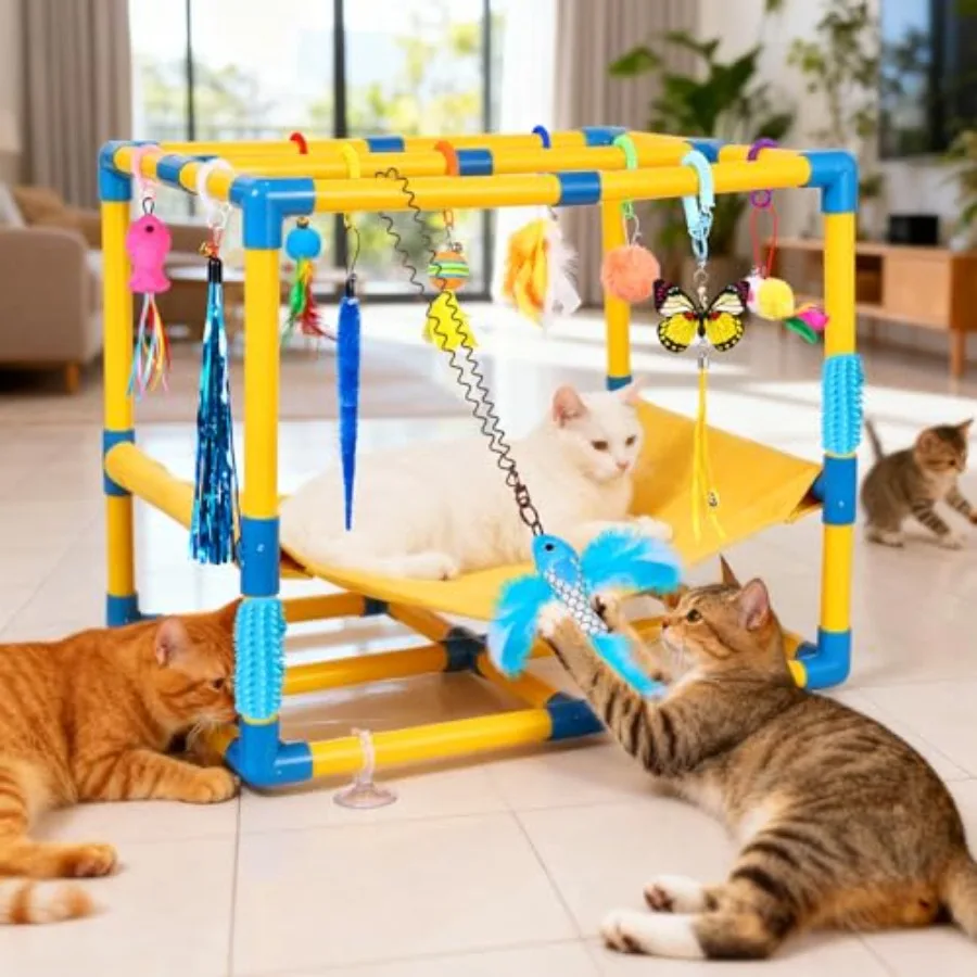 

Игровой комплекс для кошек с подвесными интерактивными игрушками, гамаком, центром активности для котят, с функцией самоочистки, съемной ПВХ-рамой