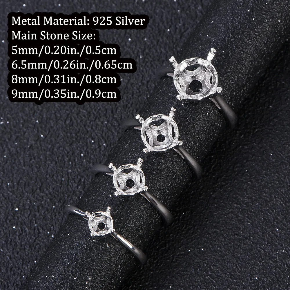 S925 Silver Solid Shank 4-Prong Round Blank Ring Setting 5mm-9mm for Moissanite DIY Jewelry Making Supplies image 2
