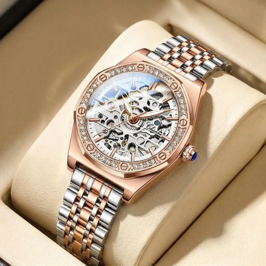 1pcs Women's white dial alloy strap vintage fashion skeleton gear luxury details Mechanical Watch for business party holiday