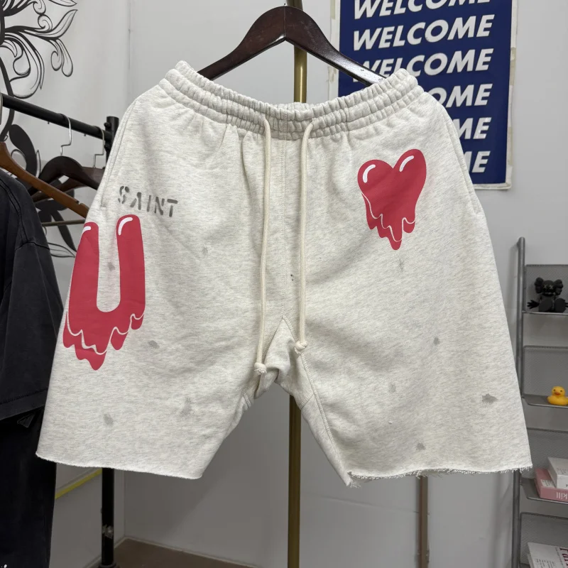 

Шорты с принтом красного сердца Stain Saint Dissolve для мужчин и женщин, винтажные потертые шорты с завязками, короткие брюки