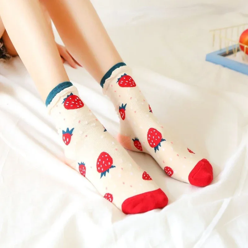 Summer Women's Socks Strawberry Orange Fruit Cotton Mid Length Double Ribbed Lace Girls' Socks Korean Edition Socks