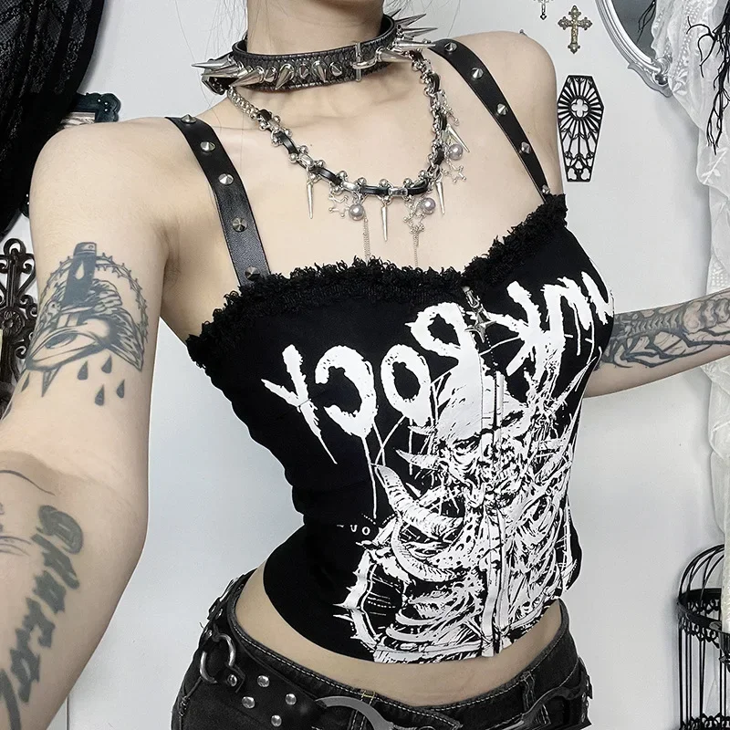 New Black Vest  Punk Subculture Gothic Style Dark Skull Printed Strap Tank Top Spicy Girl Slim  T-shirt Women Short Y2k Top