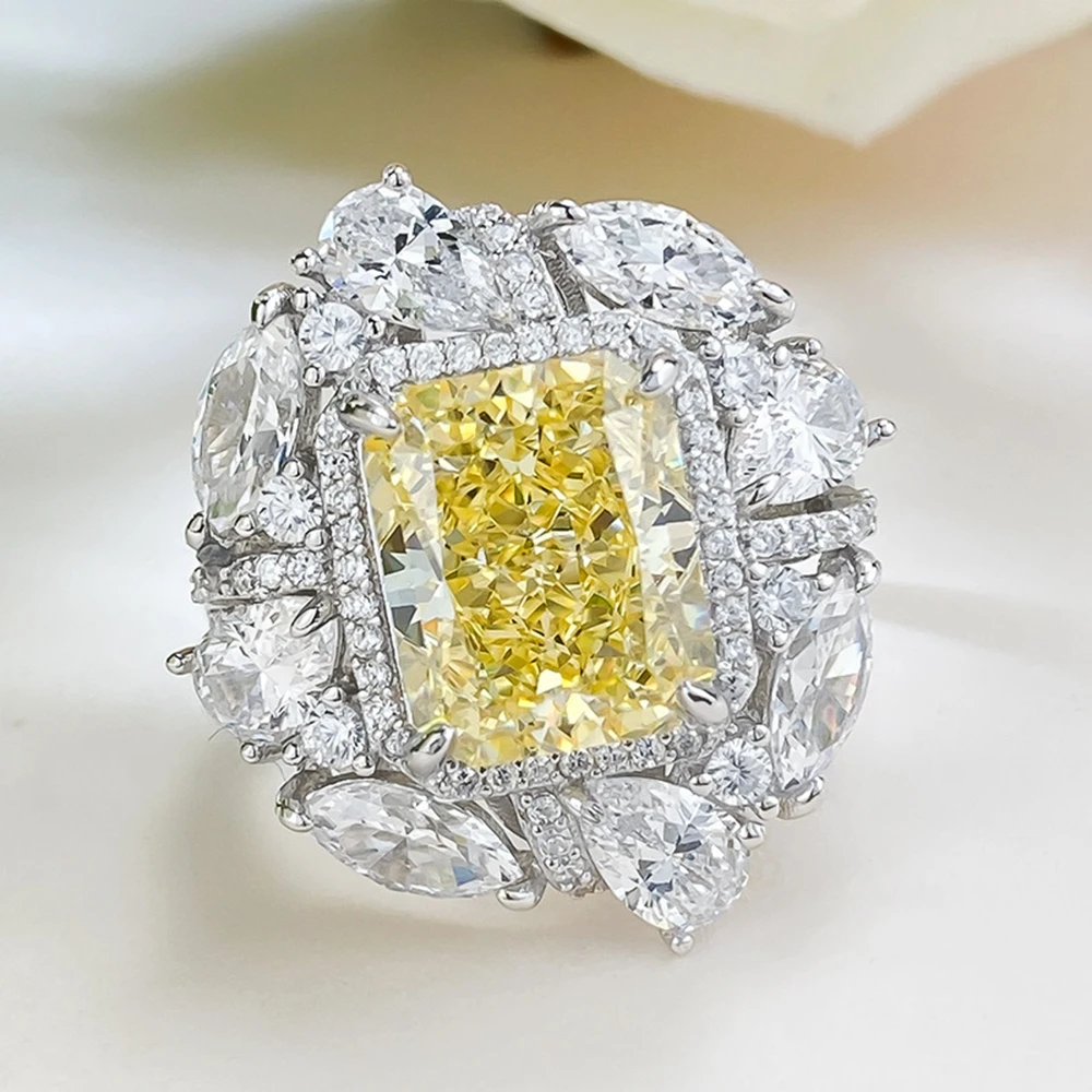 Vinregem 4CT 9*11 MM Crushed Ice Cut Citrine High Carbon Diamond Gemstone 925 Sterling Silver Cocktail Ring for Women Jewelry