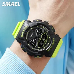 SMAEL Dual Time Digital Watch for Men Military Sport Green Chronograph Quartz Wristwatch with Auto Date Week Waterproof 8073