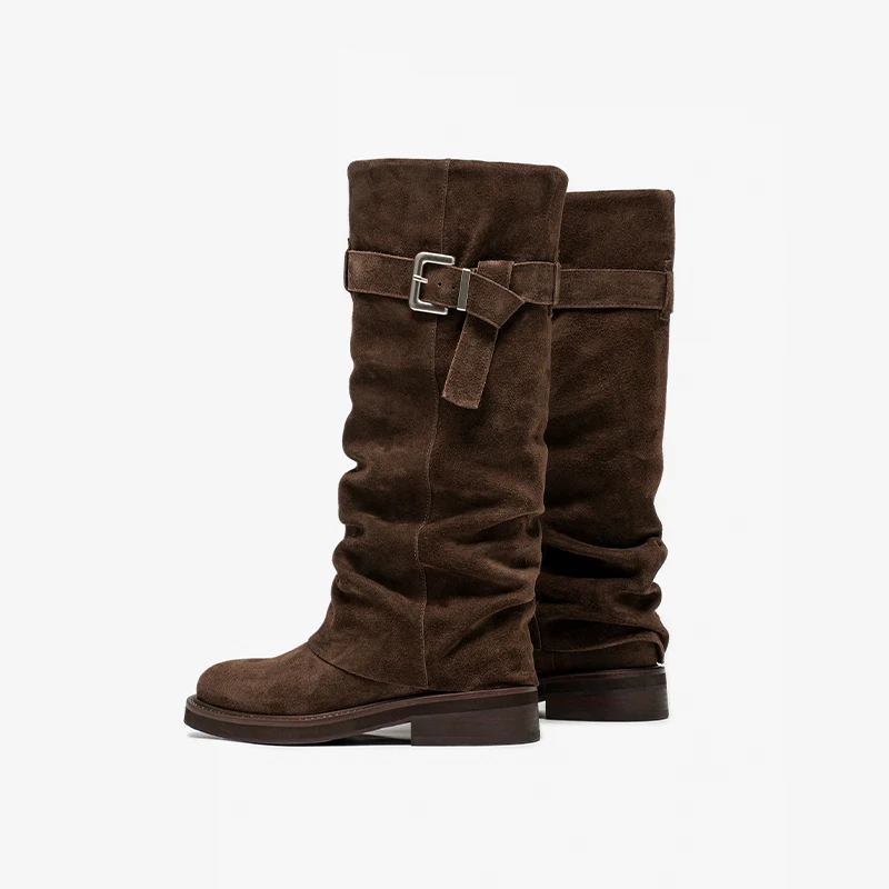BEAUTODAY Suede Long Boots Women Cow Leather Round Toe Buckle Decoration Retro Tube Boots Ladies Shoes Handmade 06171