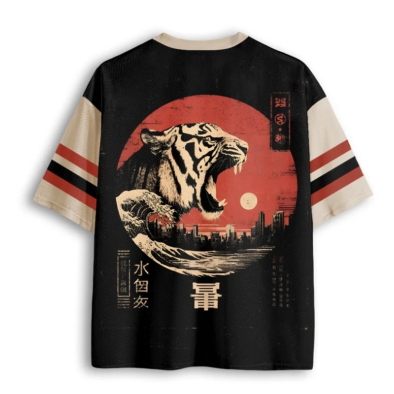 Japanese Retro Toraba City Print Men's Retro Ukiyo-e Red Sun Pattern Mesh Short Sleeved T-shirt Street Wear Sports T-shirt