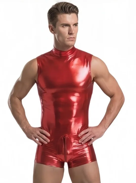 Men Bodysuit Stretchy Shaping PU Leather Stage Show Slim Tight Fitting Stretchy Stylish