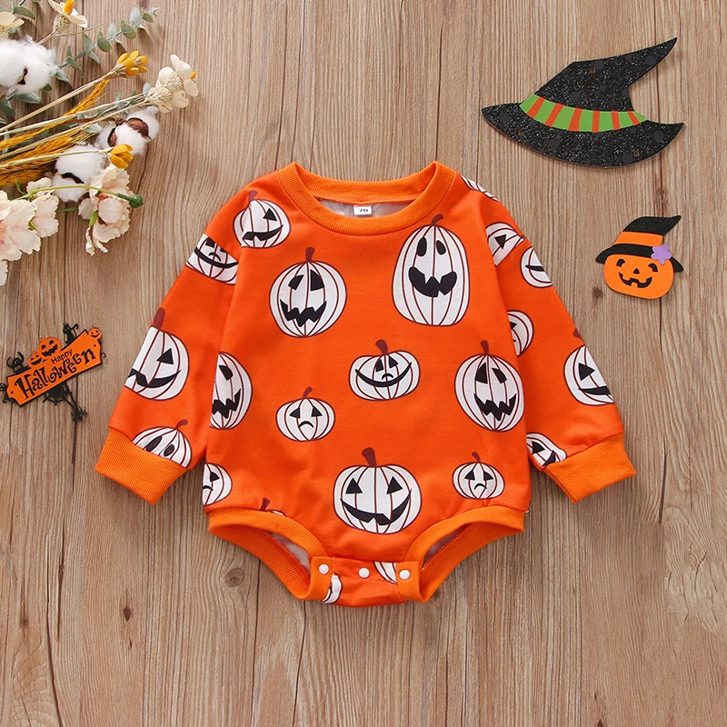 

Infant Bodysuit Spooky Ghost Print Short Sleeve Round Neck Snap Closure Adorable for Halloween Party