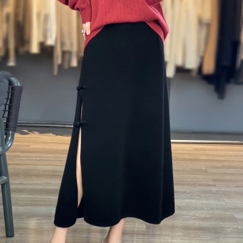 Knitted Skirt Wool Midi Skirt Long Elegant Dress Chinese Style Knitted Dresses Women Winter Clothes For Women Cashmere Skirt